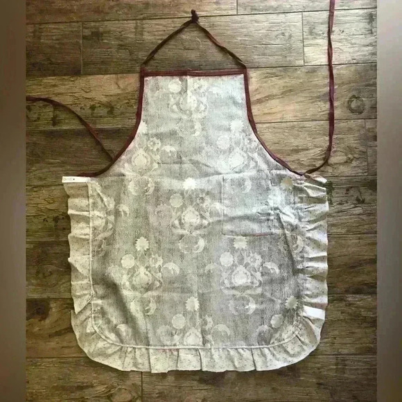 HANDMADE VTG UPHOLSTERY CANVAS FABRIC STANDARD SIZE BROWN WITH RUFFLE APRON - Picture 3 of 3